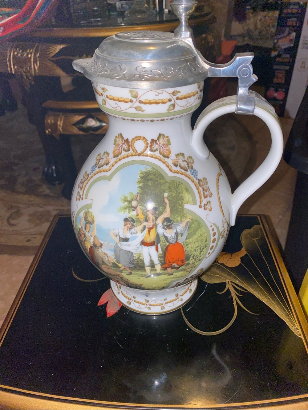 Franklin Mint 1984 German Porcelain Wine Stein Pitcher with Pewter Lid - Rare